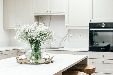 ダブリンにあるトラディショナルスタイルのおしゃれなアイランドキッチン (白いキャビネット、珪岩カウンター、パネルと同色の調理設備) の写真