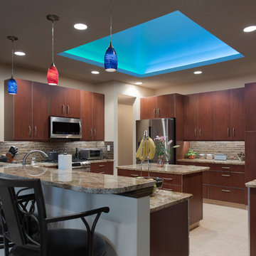 Layered lighting and a multi-color "light show" in the skylight shaft add drama