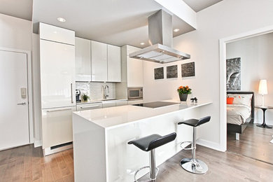 Modern galley kitchen in Montreal with flat-panel cabinets, white cabinets, medium hardwood flooring and a breakfast bar.