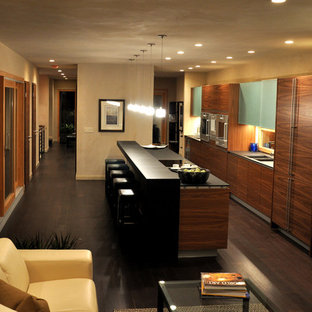 Inspiration for a large modern galley dark wood floor open concept kitchen remodel in Denver with an undermount sink, glass-front cabinets, dark wood cabinets, quartzite countertops, paneled appliances and an island