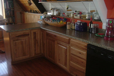 デンバーにある高級な中くらいなおしゃれなキッチン (黒い調理設備、淡色無垢フローリング) の写真