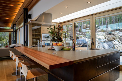 Diseño de cocina comedor actual con armarios con paneles lisos, puertas de armario de madera clara, suelo de madera clara y una isla
