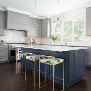 Transitional kitchen photos - Kitchen - transitional l-shaped dark wood floor and brown floor kitchen idea in Charlotte with shaker cabinets, gray cabinets, white backsplash, stainless steel appliances, an island and white countertops