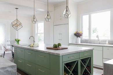 Example of a trendy eat-in kitchen design in Sacramento with white cabinets, quartzite countertops, an island and gray countertops