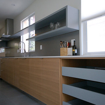 linear cabinetry wall with c-shelving above