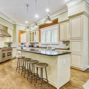 Traditional eat-in kitchen appliance - Eat-in kitchen - traditional u-shaped medium tone wood floor and brown floor eat-in kitchen idea in DC Metro with an undermount sink, raised-panel cabinets, white cabinets, gray backsplash, stainless steel appliances, an island and black countertops