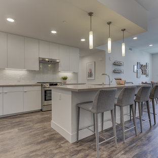 Open concept kitchen appliance - L-shaped light wood floor open concept kitchen photo in San Francisco with flat-panel cabinets, white cabinets, white backsplash, stainless steel appliances and an island