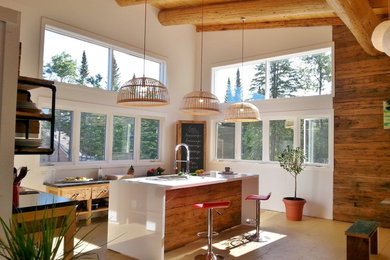 Inspiration for a country l-shaped kitchen in Montreal with plywood flooring and an island.