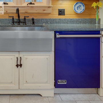 Log Cabin Kitchen With Blue Appliances