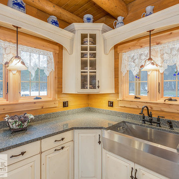Log Cabin Kitchen With Blue Appliances