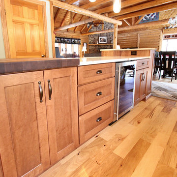 Log Cabin Rustic White Kitchen Cabinets with Granite and Wood Countertops
