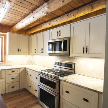 Log Cabin Rustic White Kitchen Cabinets with Granite and Wood Countertops