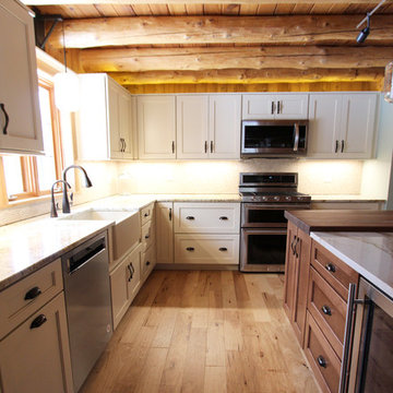 Log Cabin Rustic White Kitchen Cabinets with Granite and Wood Countertops