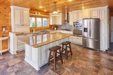 Mountain style open concept kitchen photo in Minneapolis with an island