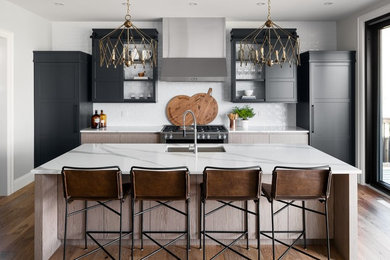 Inspiration for a contemporary dark wood floor and brown floor kitchen remodel in Toronto with an undermount sink, open cabinets, black cabinets, white backsplash, stainless steel appliances, an island and white countertops