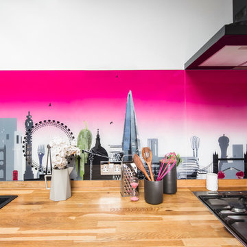 London skyline with a twist and hint of sexy pink printed glass splashback