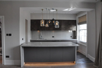 Modern galley open plan kitchen in London with flat-panel cabinets.