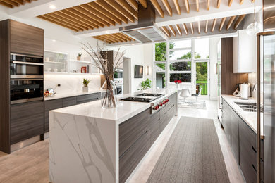 シカゴにあるコンテンポラリースタイルのおしゃれなII型キッチン (大理石カウンター、パネルと同色の調理設備、白いキッチンカウンター) の写真