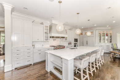 Large transitional dark wood floor kitchen photo in Charlotte with a single-bowl sink, marble countertops, white backsplash, paneled appliances and an island