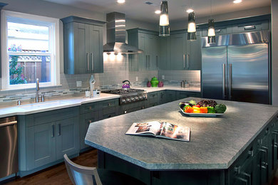 Transitional kitchen photo in San Francisco with an island