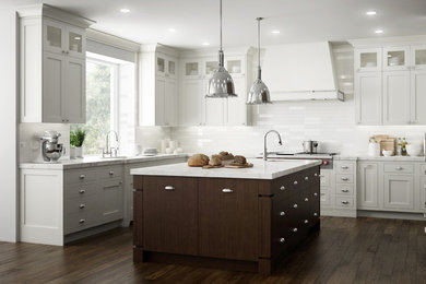 Inspiration for a transitional u-shaped medium tone wood floor open concept kitchen remodel in San Francisco with an undermount sink, marble countertops, white backsplash, porcelain backsplash, paneled appliances and an island