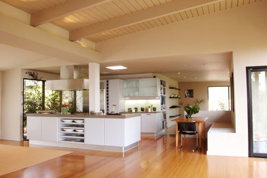 Modelo de cocina moderna con armarios con paneles lisos, puertas de armario grises, salpicadero de vidrio templado, electrodomésticos de acero inoxidable, suelo de bambú y una isla