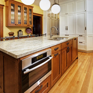 Esempio di una cucina stile americano chiusa con ante in stile shaker, ante in legno scuro e elettrodomestici in acciaio inossidabile