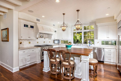 Kitchen - mid-sized transitional l-shaped dark wood floor and brown floor kitchen idea in San Diego with shaker cabinets, white cabinets, stainless steel appliances and an island