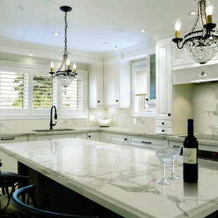 Large minimalist l-shaped porcelain tile and beige floor eat-in kitchen photo in Miami with a double-bowl sink, raised-panel cabinets, white cabinets, black appliances and an island
