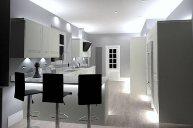 Photo of a large contemporary galley kitchen/diner in Other with a built-in sink, flat-panel cabinets, white cabinets, granite worktops, stainless steel appliances, laminate floors, a breakfast bar and white worktops.