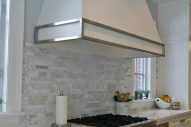 Example of a large transitional l-shaped dark wood floor eat-in kitchen design in Toronto with an undermount sink, recessed-panel cabinets, white cabinets, quartz countertops, gray backsplash, matchstick tile backsplash, stainless steel appliances and an island