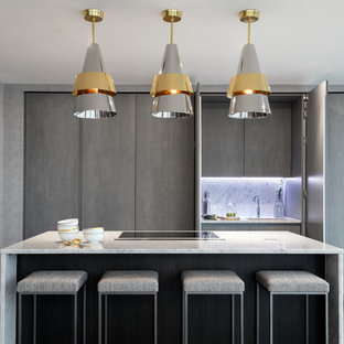 Inspiration for a contemporary single-wall kitchen in London with a submerged sink, flat-panel cabinets, grey cabinets, black appliances, dark hardwood flooring and an island.