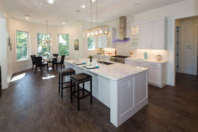 Example of a mid-sized transitional single-wall porcelain tile and brown floor eat-in kitchen design in DC Metro with an undermount sink, shaker cabinets, white cabinets, marble countertops, white backsplash, marble backsplash, stainless steel appliances and an island