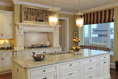 Große Klassische Küche mit Doppelwaschbecken, profilierten Schrankfronten, weißen Schränken, braunem Holzboden und Kücheninsel in Indianapolis