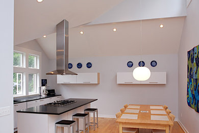 Eat-in kitchen - modern light wood floor eat-in kitchen idea in New York with flat-panel cabinets, white cabinets and an island