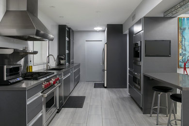 Inspiration for a mid-sized modern galley porcelain tile enclosed kitchen remodel in Los Angeles with an undermount sink, flat-panel cabinets, gray cabinets, quartz countertops, stainless steel appliances and a peninsula
