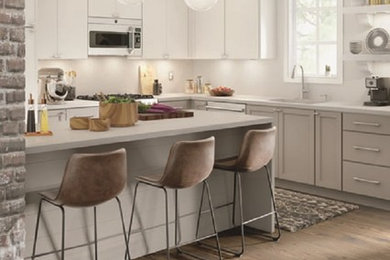 Example of a small minimalist l-shaped brown floor eat-in kitchen design in Other with a peninsula, shaker cabinets, gray cabinets, white backsplash and stainless steel appliances