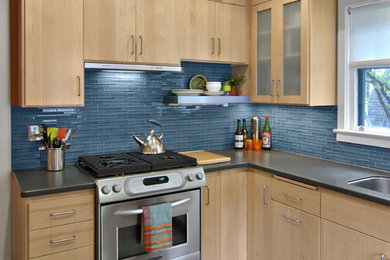 Trendy kitchen photo in Minneapolis with an undermount sink, blue backsplash and matchstick tile backsplash