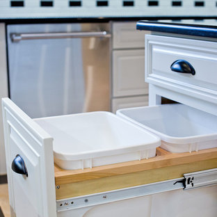 Inspiration for a mid-sized country u-shaped separate kitchen in Dallas with a farmhouse sink, raised-panel cabinets, white cabinets, solid surface benchtops, white splashback, glass tile splashback, stainless steel appliances, ceramic floors and with island.