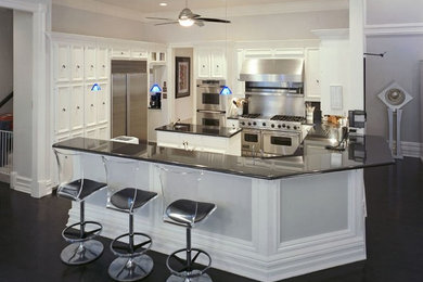 Example of a large minimalist u-shaped dark wood floor and brown floor open concept kitchen design in Dallas with white cabinets, granite countertops, stainless steel appliances, raised-panel cabinets and an island