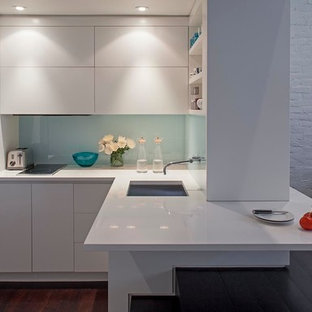 Small modern open concept kitchen photos - Inspiration for a small modern l-shaped dark wood floor open concept kitchen remodel in New York with white cabinets, glass sheet backsplash, stainless steel appliances, an undermount sink, flat-panel cabinets, white backsplash and a peninsula