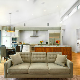 Contemporary open concept kitchen remodeling - Inspiration for a contemporary galley open concept kitchen remodel in Austin with shaker cabinets, white cabinets, white backsplash and stainless steel appliances