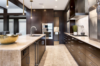 Example of a large trendy l-shaped porcelain tile kitchen design in Ottawa with a double-bowl sink, flat-panel cabinets, dark wood cabinets, quartzite countertops, stone slab backsplash, stainless steel appliances and an island