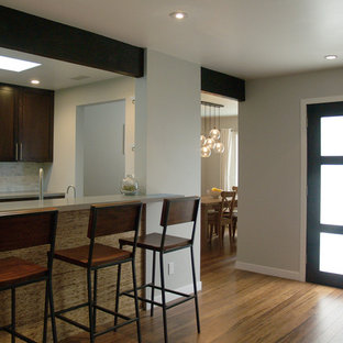 Inspiration for a mid-sized contemporary u-shaped separate kitchen in Los Angeles with bamboo floors, shaker cabinets, dark wood cabinets, zinc benchtops, white splashback, porcelain splashback, stainless steel appliances, a peninsula and a double-bowl sink.