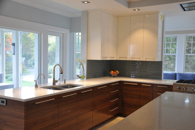 Inspiration for a large contemporary u-shaped light wood floor and brown floor eat-in kitchen remodel in Boston with an undermount sink, flat-panel cabinets, white cabinets, quartz countertops, blue backsplash, glass tile backsplash, stainless steel appliances and an island