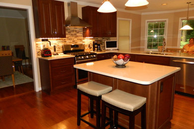 This is an example of a traditional u-shaped kitchen/diner in Atlanta with a double-bowl sink, raised-panel cabinets, dark wood cabinets, granite worktops, ceramic splashback, stainless steel appliances, dark hardwood flooring and an island.