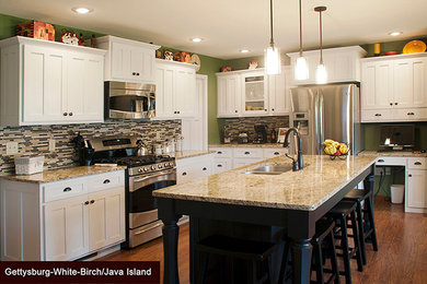 Elegant kitchen photo in Other with recessed-panel cabinets and stainless steel appliances