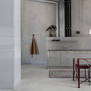 Photo of a mid-sized industrial single-wall eat-in kitchen in Sydney with a single-bowl sink, grey cabinets, stainless steel benchtops, grey splashback, cement tile splashback, stainless steel appliances, plywood floors, with island, white floor and grey benchtop.