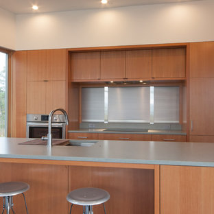 Diseño de cocina comedor lineal, moderna, grande, con fregadero de un seno, armarios con paneles lisos, puertas de armario de madera oscura, encimera de cuarcita, electrodomésticos con paneles, suelo de corcho y una isla