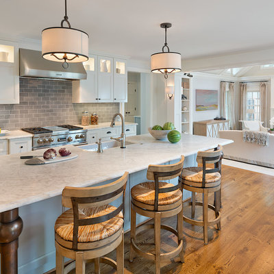 Inspiration for a timeless dark wood floor and brown floor kitchen remodel in DC Metro with a farmhouse sink, recessed-panel cabinets, white cabinets, gray backsplash, subway tile backsplash, stainless steel appliances and an island